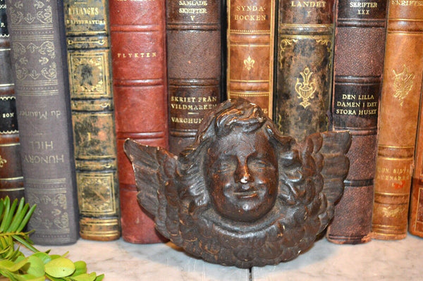 Antique German Dark Carved Wood Cherub Angel Head Baroque Plaque