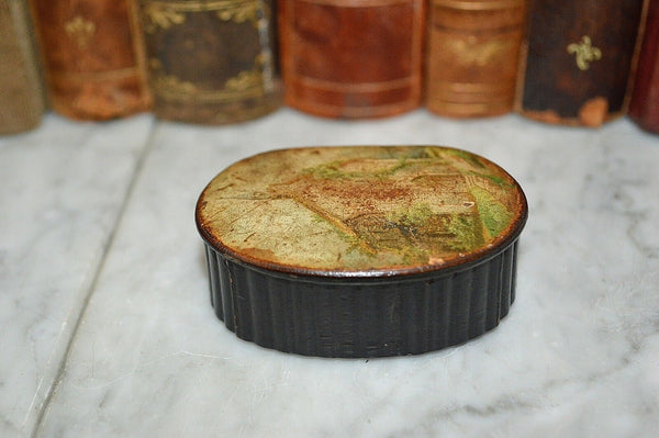 Antique Gutta Percha Small Lidded Box with Church Scene on the Lid
