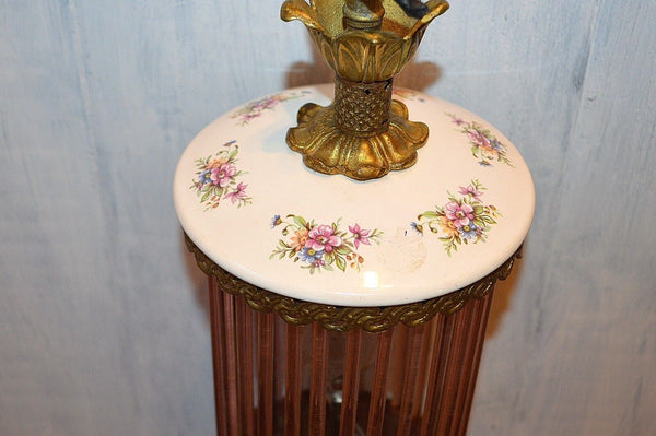 Antique Pendant Light Fixture Pink Glass Rods Cage Floral Porcelain Gilt Brass