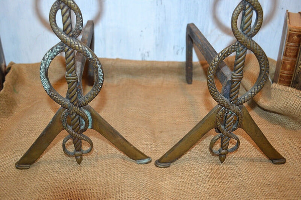 Antique Pair Caduceus Andirons Fireplace Accessory Medical Symbol Snakes Wings