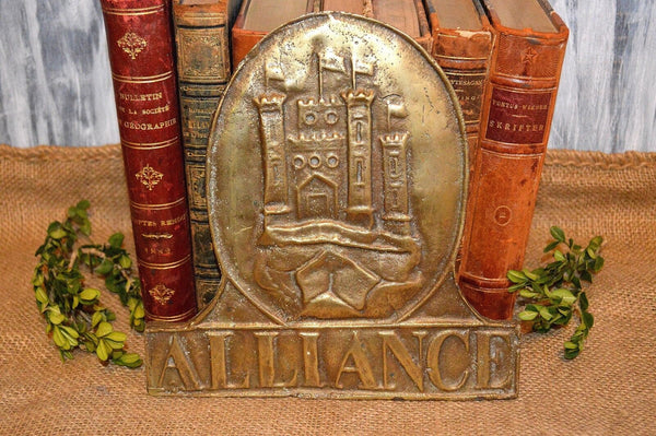 Antique Brass English Alliance Fire Mark Wall Plaque Sign Castle Design