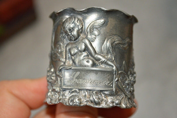 Antique Silver Plated Winged Cherub Art Nouveau Napkin Ring Serviette Monogram
