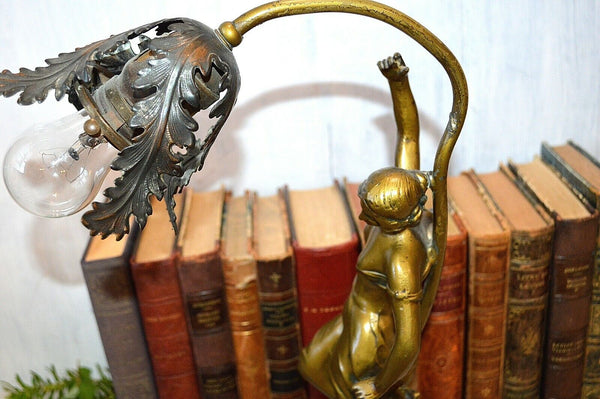 Antique Lamp Figural Female Art Nouveau Desk Table Brass FInish