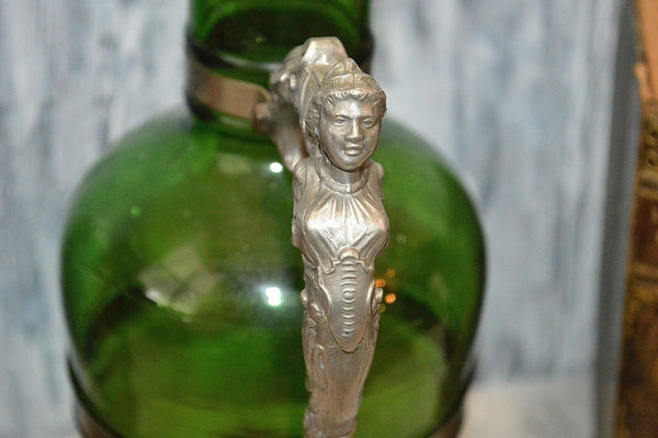Vintage German Green Glass Jug Decanter Bottle Figural Female Handle
