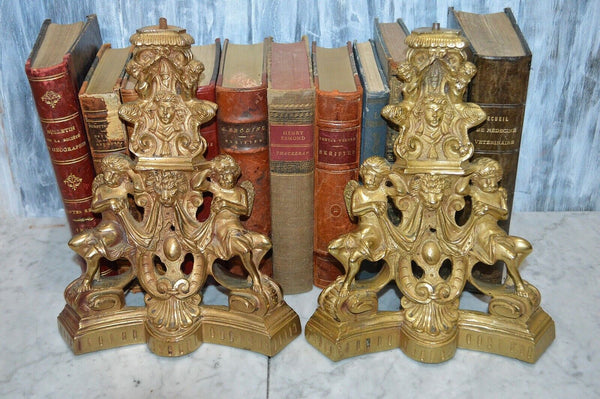 Antique Pair French Brass Andirons Chenets Figural Females Cherubs Satyr Fauns