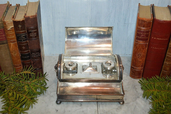 Antique English Silver Plated Inkwell Lion Heads Dual Pots Pen Rest Dome Cover