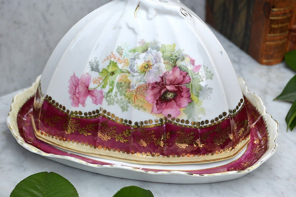 Antique German Cheese Dome Porcelain RW Bavaria Covered Platter Floral Transfer