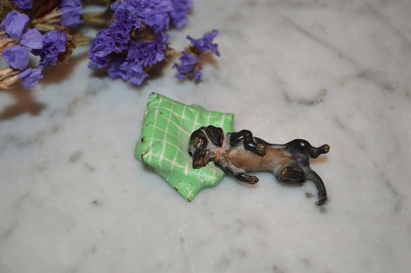 Antique Austrian Bronze Miniature Dachshund Dog on Green Pillow Cold Painted