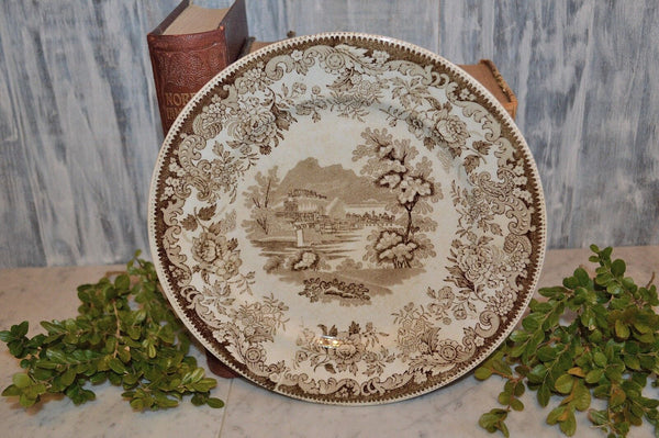 Antique Brown Transferware Dinner Plate Floral Village Scene Unmarked