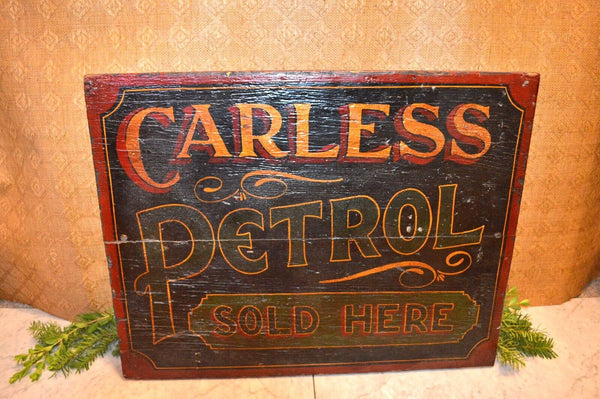 Rare Antique English Carless Petrol Sold Here Hand Painted Wood Petroleum Sign