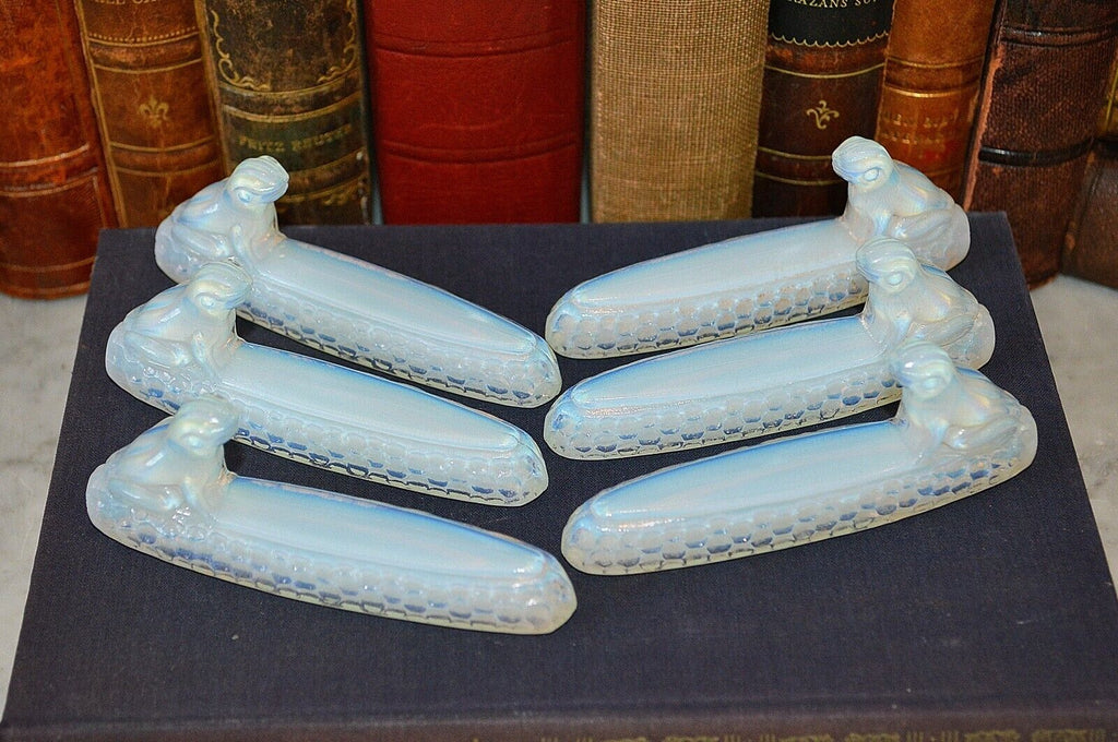 Vintage French Set of 6 Sabino Knife Rests Opalescent Glass Frogs