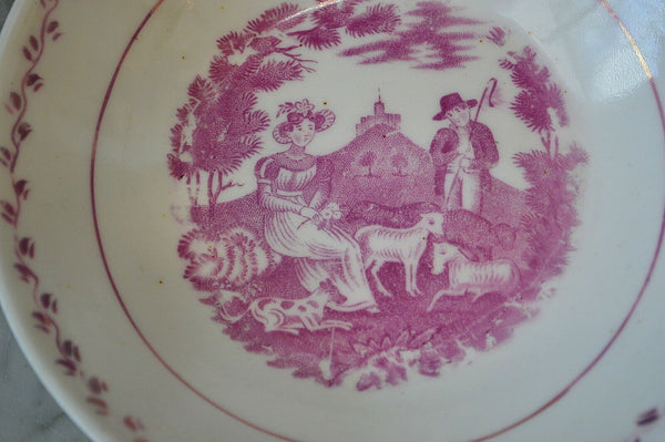 Antique Small English Staffordshire Bowl Pastoral Sheep Transferware Pink Lustre