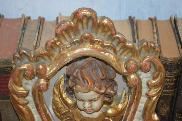 Antique Italian Painted Gilded Carved Wood Mirror and Figural Cherub Putto Head