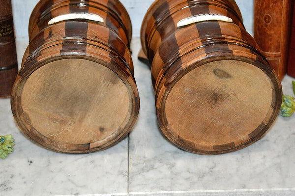 Antique Pair German Sycamore Mahogany Salt Flour Canisters Treen Wood Boxes