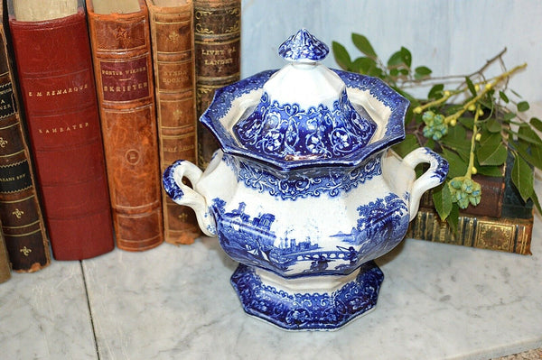 Antique English Staffordshire Blue Transferware Tivoli Lidded Sugar Tureen Bowl