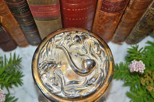 Antique Art Nouveau Tobacco Jar Figural Pipe On Lid Cut Glass Apollo Silver Co
