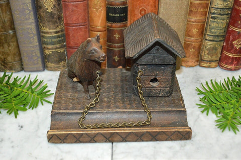 Antique German Black Forest Carved Wood Inkwell Dog and Dog House