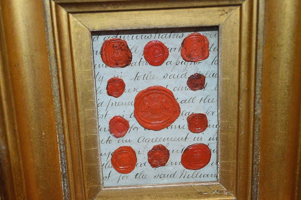 Antique English Gilt Frame Red Wax Seals Intaglios on Indentured Land Agreement