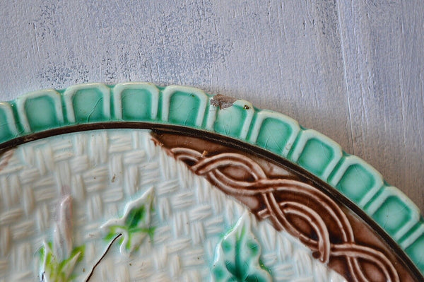 Antique Majolica Plate Morning Glory Napkin Green Brown 1880's