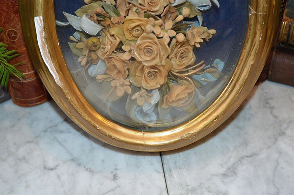 Antique French Floral Wax Bouquet Bird Gilt Frame Convex Glass Wedding