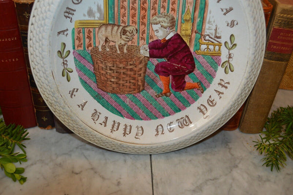Rare Antique English Ironstone Christmas New Year Transferware Plate Boy Pug Dog