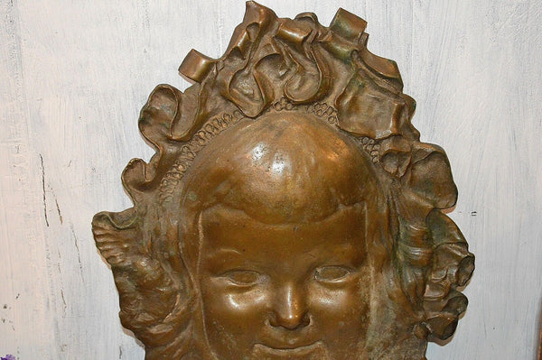 Antique French Large Bronze Cherub Face Head Wall Mount Pediment Figural Plaque