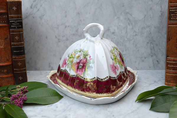 Antique German Cheese Dome Porcelain RW Bavaria Covered Platter Floral Transfer