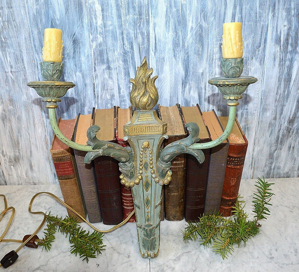 Antique French Empire Flame Gilded Wood Wall Sconce Light Fixture Turquoise