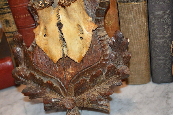 Antique German Black Forest Carved Wood Deer Antlers Trophy Shield