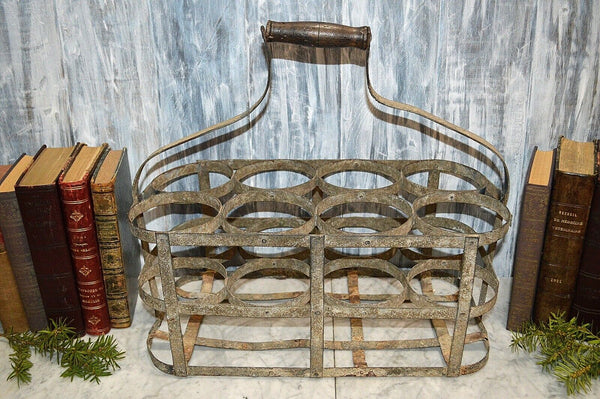 Antique French 8 Bottle Carrier Zinc with Wood Handle Caddy Holder