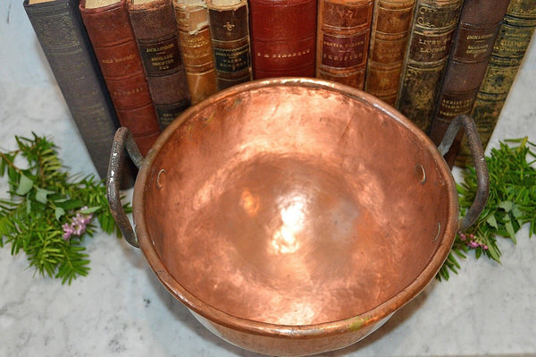 Antique Heavy Copper French Mixing Whisking Bowl Cul de Poule Rolled Edges