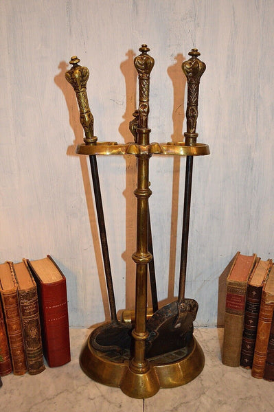 Antique French Heavy Brass Fireplace Tool Set La Maison 3 Tools and Stand