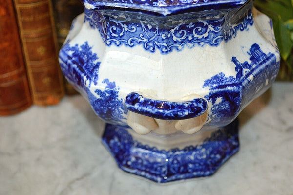 Antique English Staffordshire Blue Transferware Tivoli Lidded Sugar Tureen Bowl