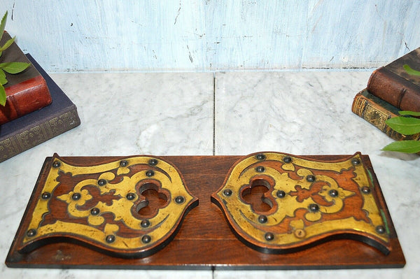 Antique English Mahogany Brass Book Rest Rack Bookends Gothic Trefoils Nailheads