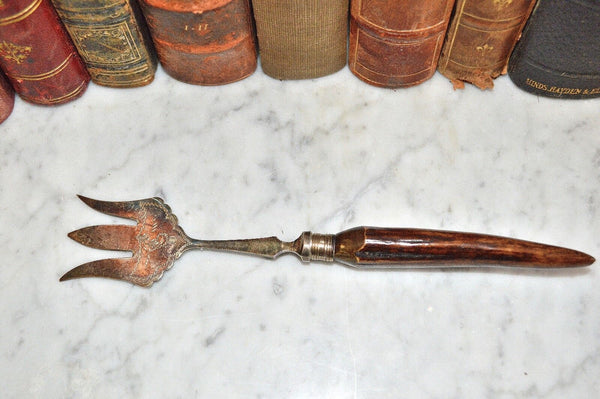 Antique Victorian EPNS Silver Plated Serving Fork Stag Antler Handle Chased