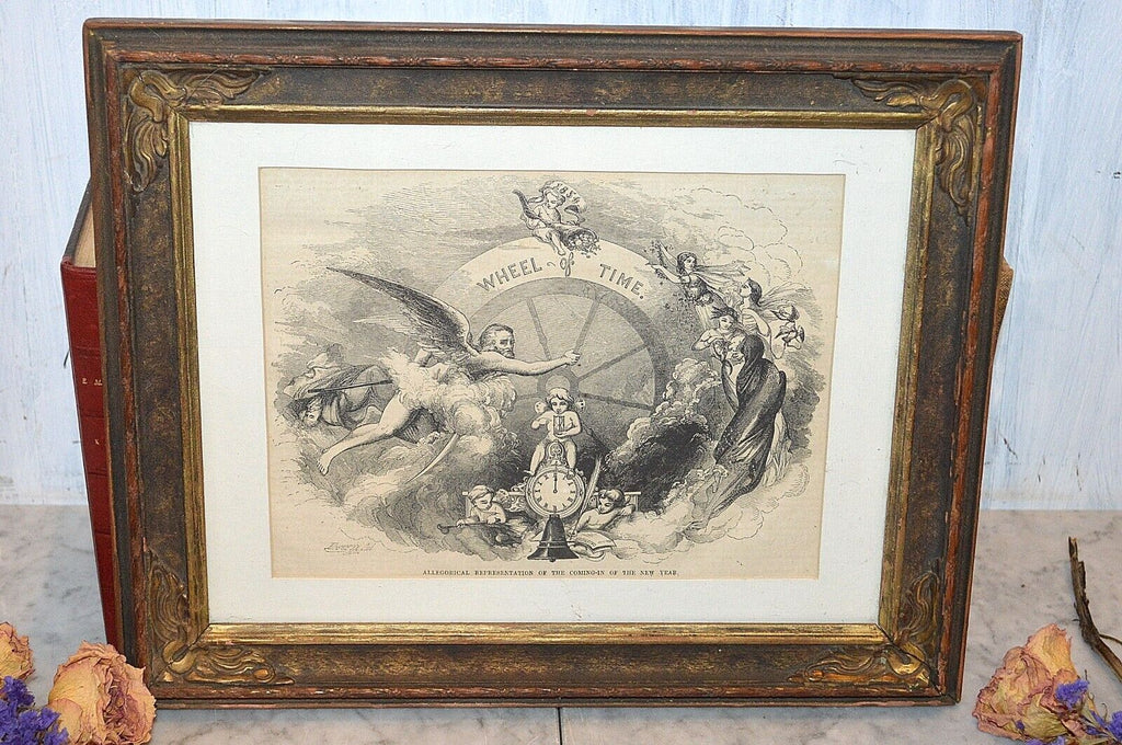 Antique Lithograph Gilded Frame Father Time New New Year Wheel of Time Cherubs