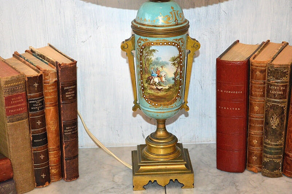 Antique French Turquoise Blue Porcelain Sevres Style Lamp Hunt Scene Couple