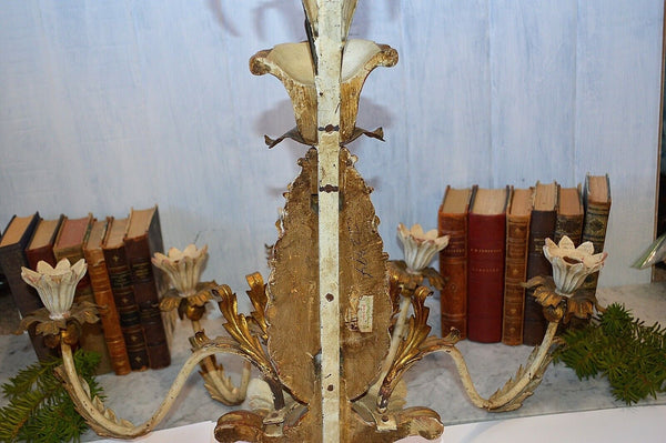 Antique Large Italian Tole Carved Wood Pineapple Candle Wall Sconce 5 Arm Gilded