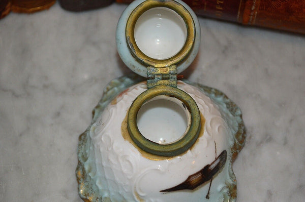 Antique French Porcelain Inkwell Pale Blue Floral Gilt