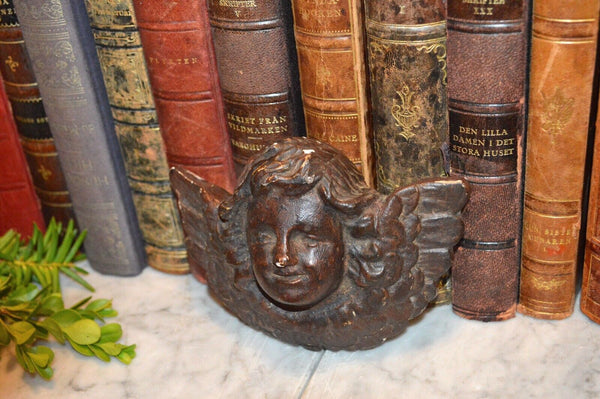 Antique German Dark Carved Wood Cherub Angel Head Baroque Plaque