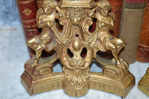 Antique Pair French Brass Andirons Chenets Figural Females Cherubs Satyr Fauns