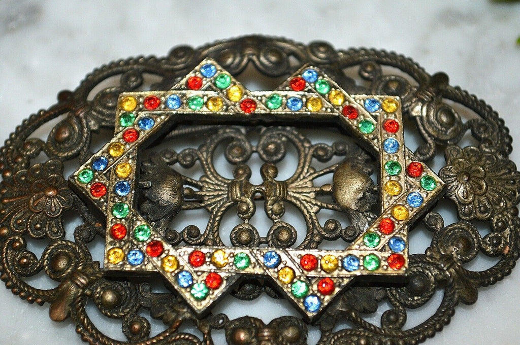 Antique Victorian Jeweled Brooch Multi Color Stones C Clasp