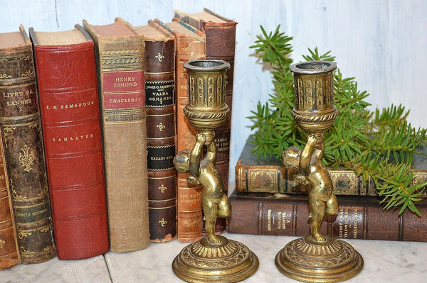 Antique Pair Brass Cherub Candle Holders Pairpoint Candlesticks 4978