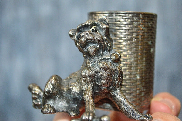 Antique James Tufts Silver Plate Dog With Glass Eyes Match Toothpick Holder 2684