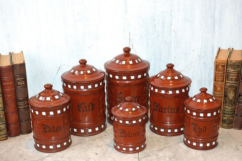 Vintage French Canister Set Red Enamel 6 Pieces Red White Black Enamelware