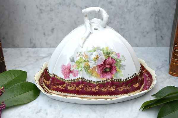 Antique German Cheese Dome Porcelain RW Bavaria Covered Platter Floral Transfer