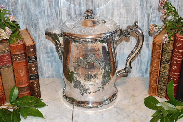 Antique F B Rogers Water Pitcher Quadruple Silver Plate Large Ceramic Lined