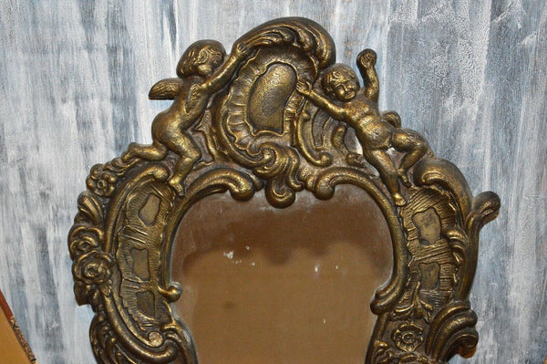 Antique French Brass Mirror Art Nouveau Cherubs Floral Wall Mount