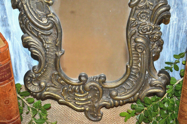 Antique French Brass Mirror Art Nouveau Cherubs Floral Wall Mount