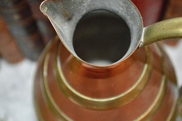 Vintage French Lecellier Villedieu Copper Brass Banded Jug Pitcher